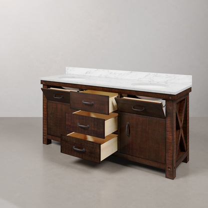 Aberdeen 72 in. Vanity in Rustic Sierra with Marble Vanity Top in White with White Basin | Water Creation
