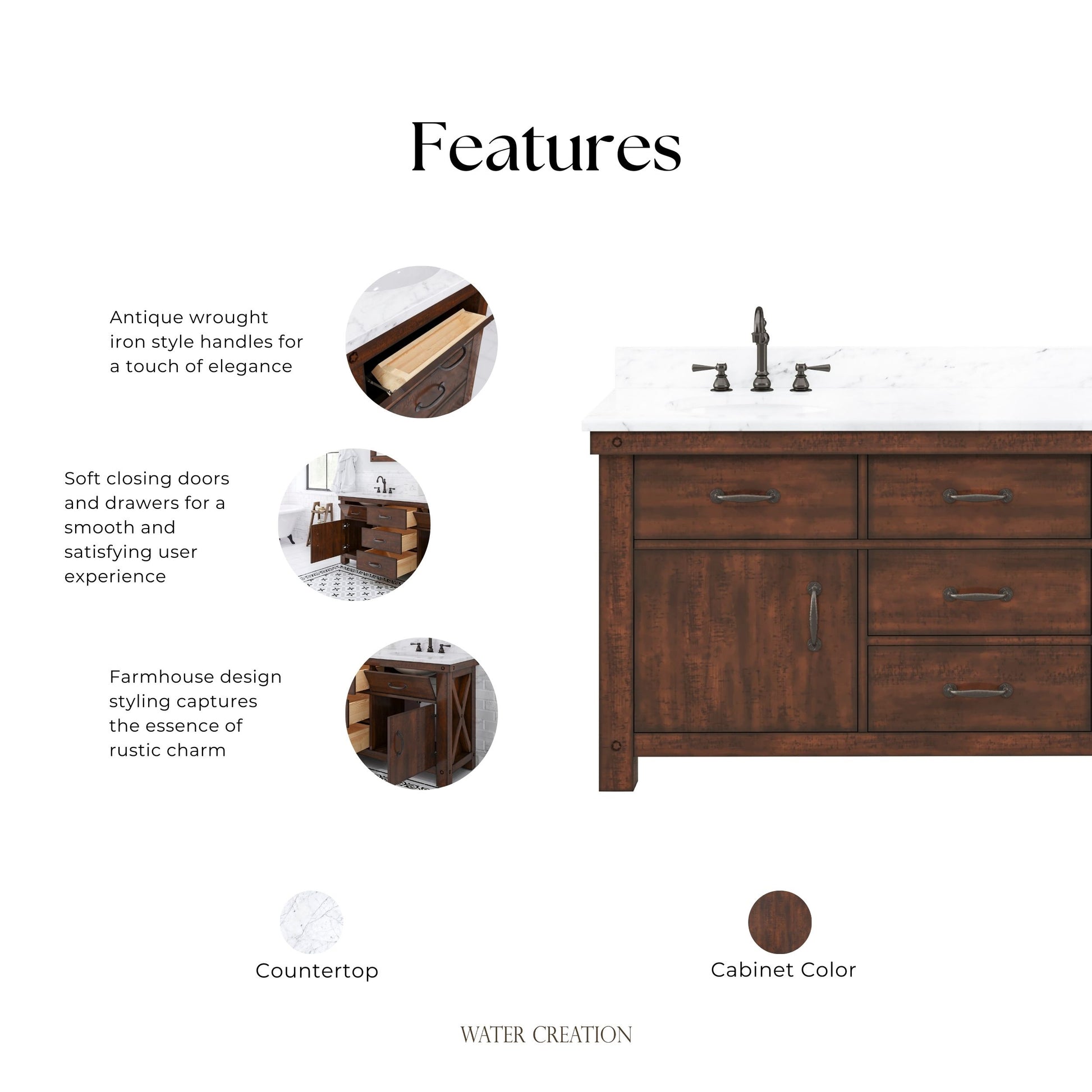 Aberdeen 72 in. Vanity in Rustic Sierra with Marble Vanity Top in White with White Basin | Water Creation
