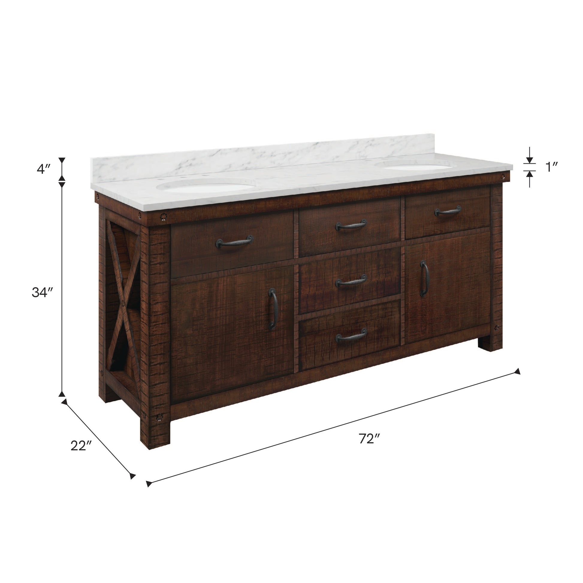 Aberdeen 72 in. Vanity in Rustic Sierra with Marble Vanity Top in White with White Basin | Water Creation