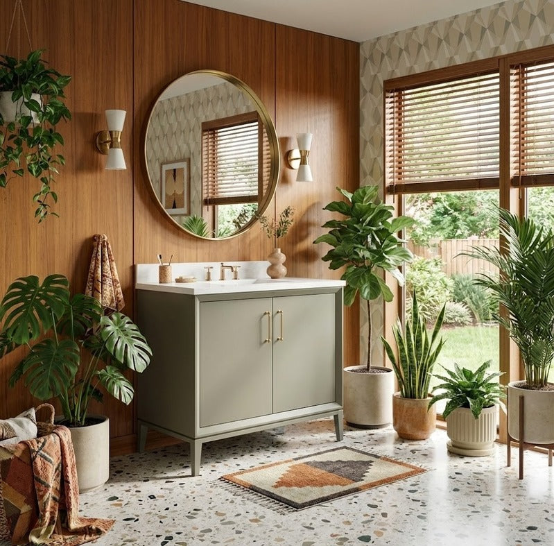 Alexandra single bath vanity in French Olive, styled bathroom