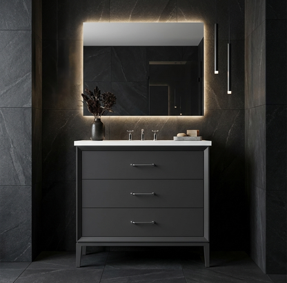 Alexandra bath vanity in Off Black, styled bathroom