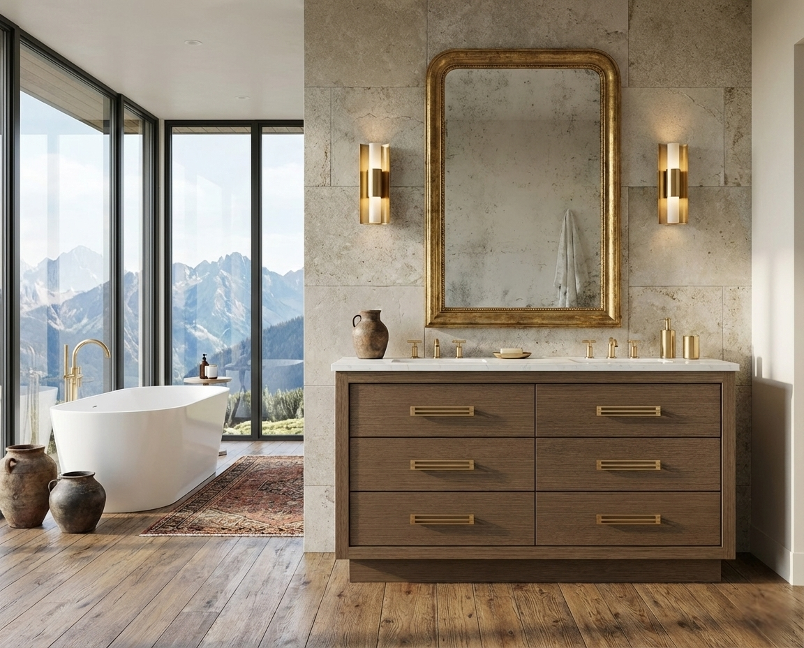 Avalon bath vanity in Smoked Modern, styled bathroom