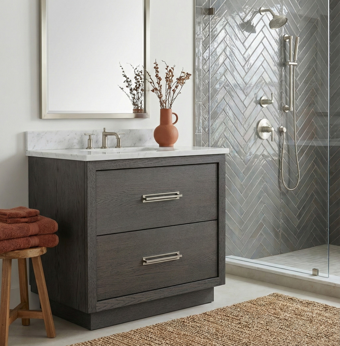 Avalon bath vanity in Gray Weathered, styled bathroom