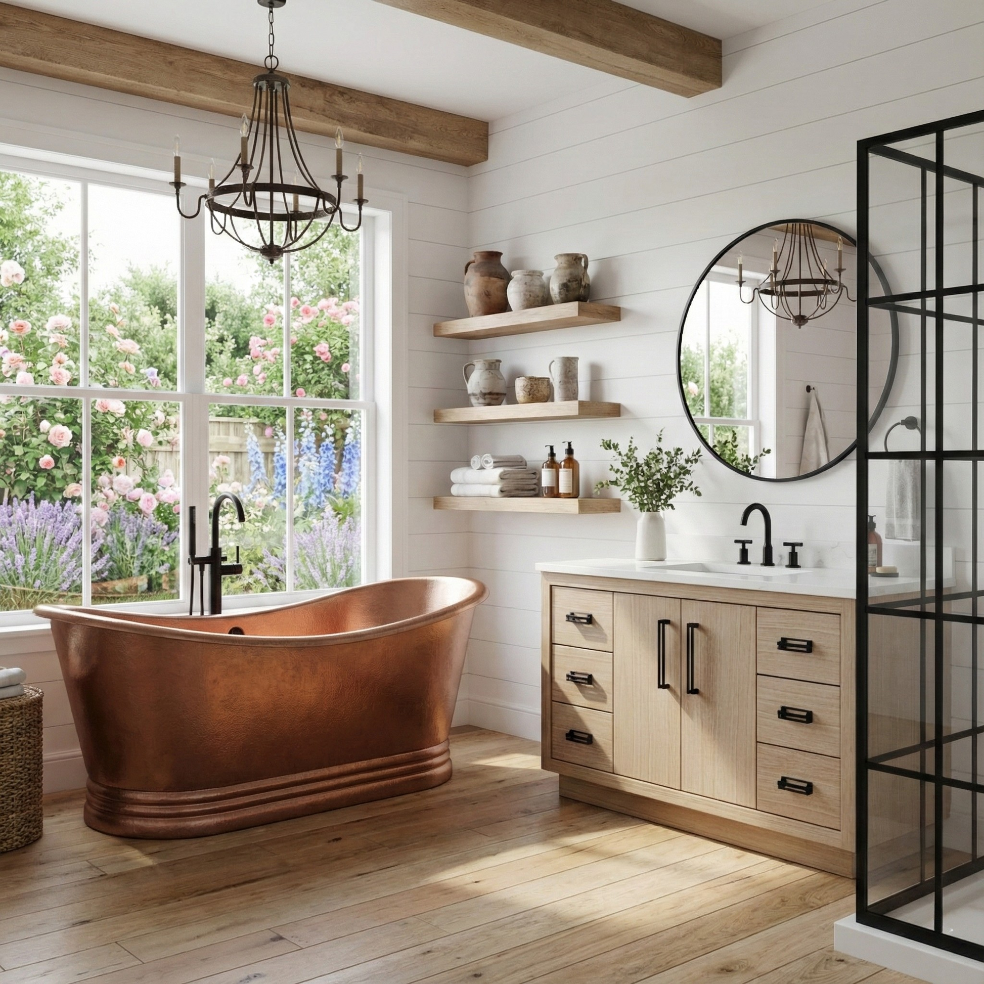 Avalon bath vanity in Natural Weathered, styled bathroom