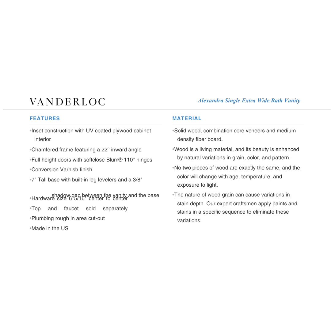 Vanderloc Alexandra Single Extra Wide Bath Vanity