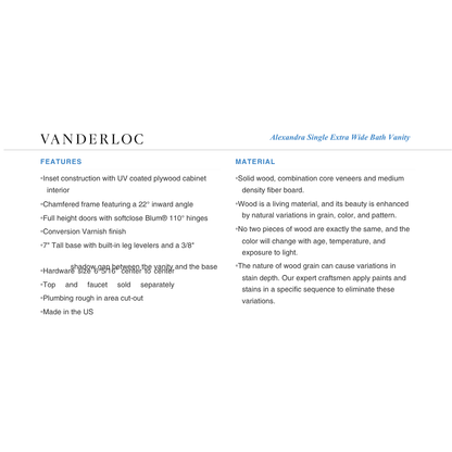 Vanderloc Alexandra Single Extra Wide Bath Vanity