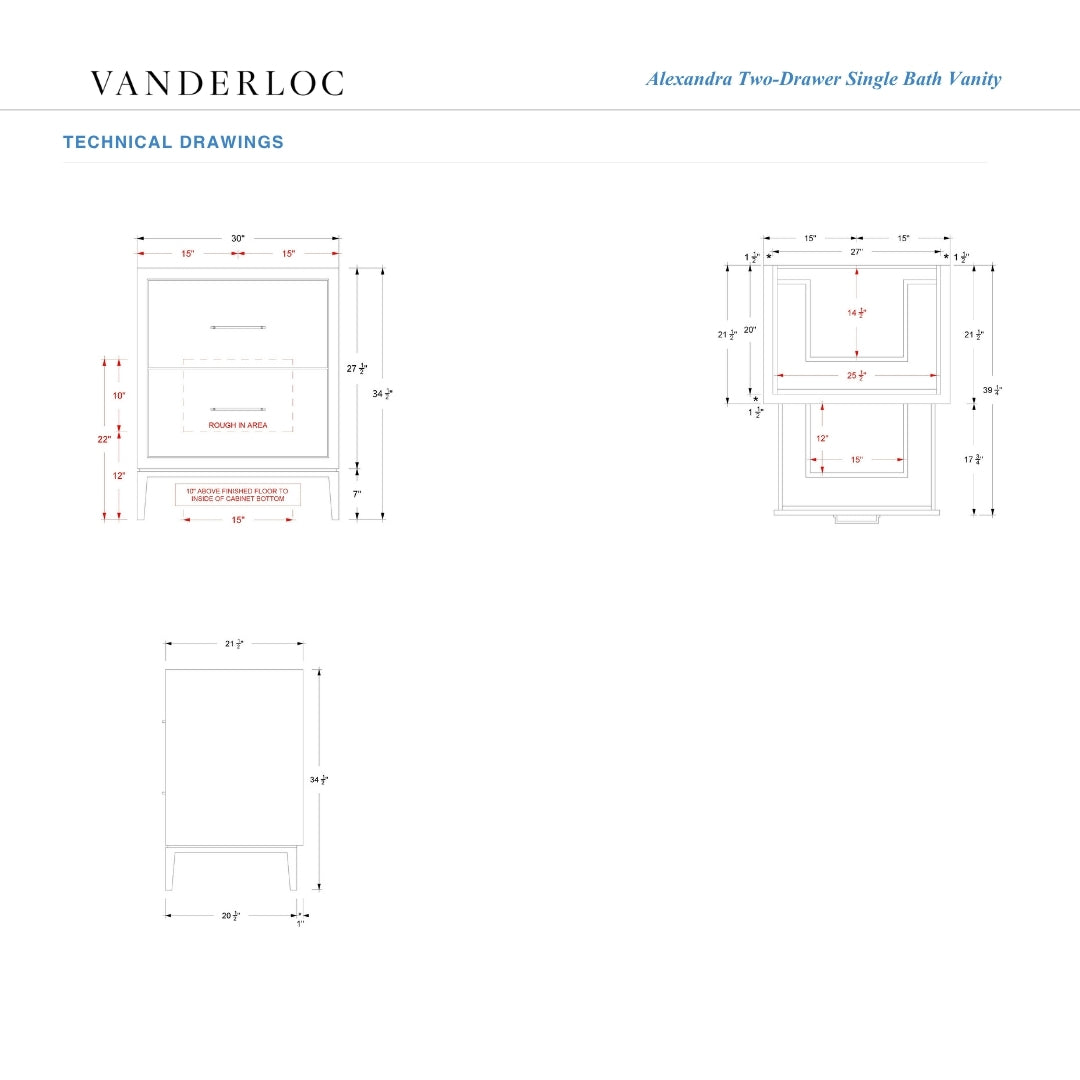 Vanderloc Alexandra Two-Drawer Single Bath Vanity - Vanderloc bathroom vanity product dimension