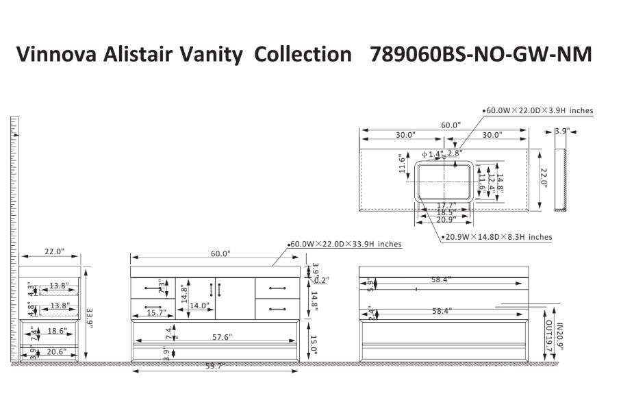 Vinnova, Alistair 60BS" Single Sink Bath Vanity in North American Oak with White Grain Stone Countertop
