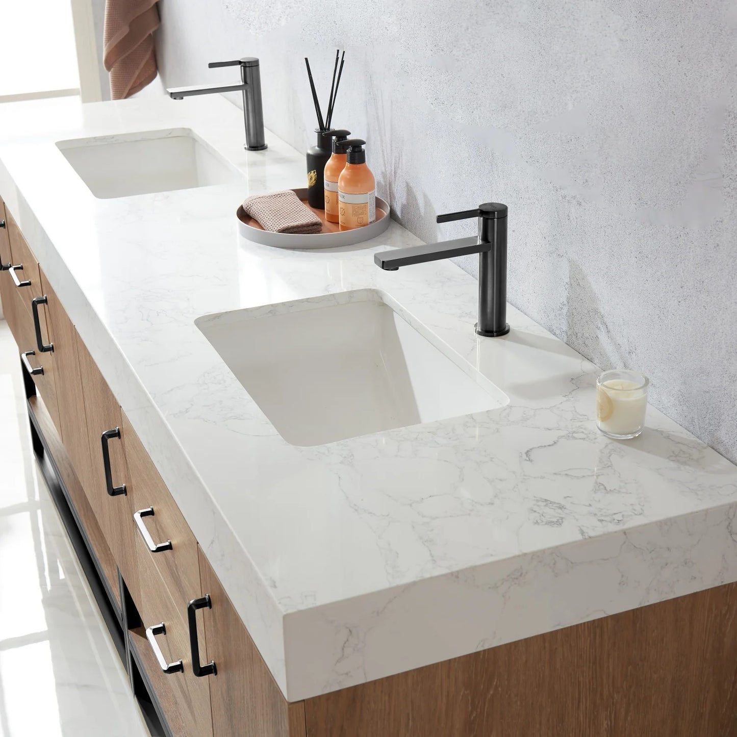 Vinnova, Alistair 72B" Double Vanity in North American Oak with White Grain Stone Countertop With Mirror