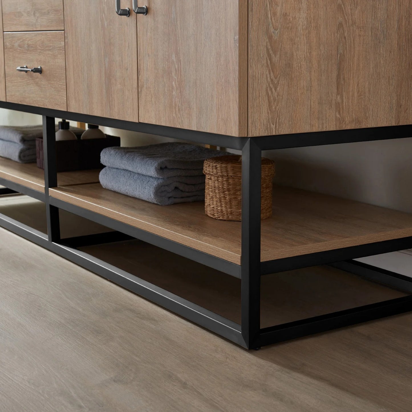 Vinnova, Alistair 72B" Double Vanity in North American Oak with White Grain Stone Countertop With Mirror