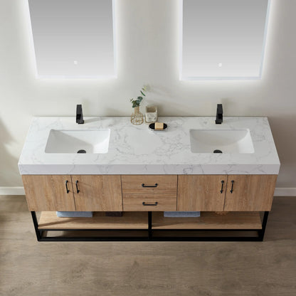 Vinnova, Alistair 72B" Double Vanity in North American Oak with White Grain Stone Countertop With Mirror