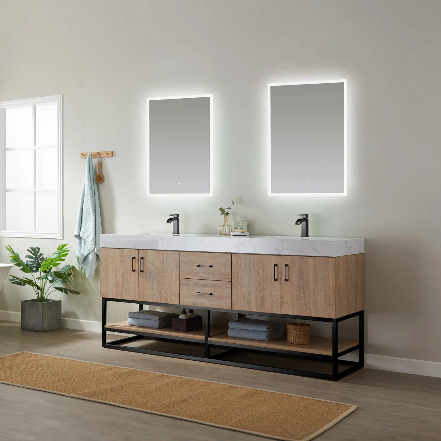 Vinnova, Alistair 72B" Double Vanity in North American Oak with White Grain Stone Countertop With Mirror