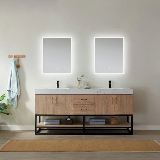 Vinnova Alistair 72-inch oak double bathroom vanity with white grain stone top and matching mirror