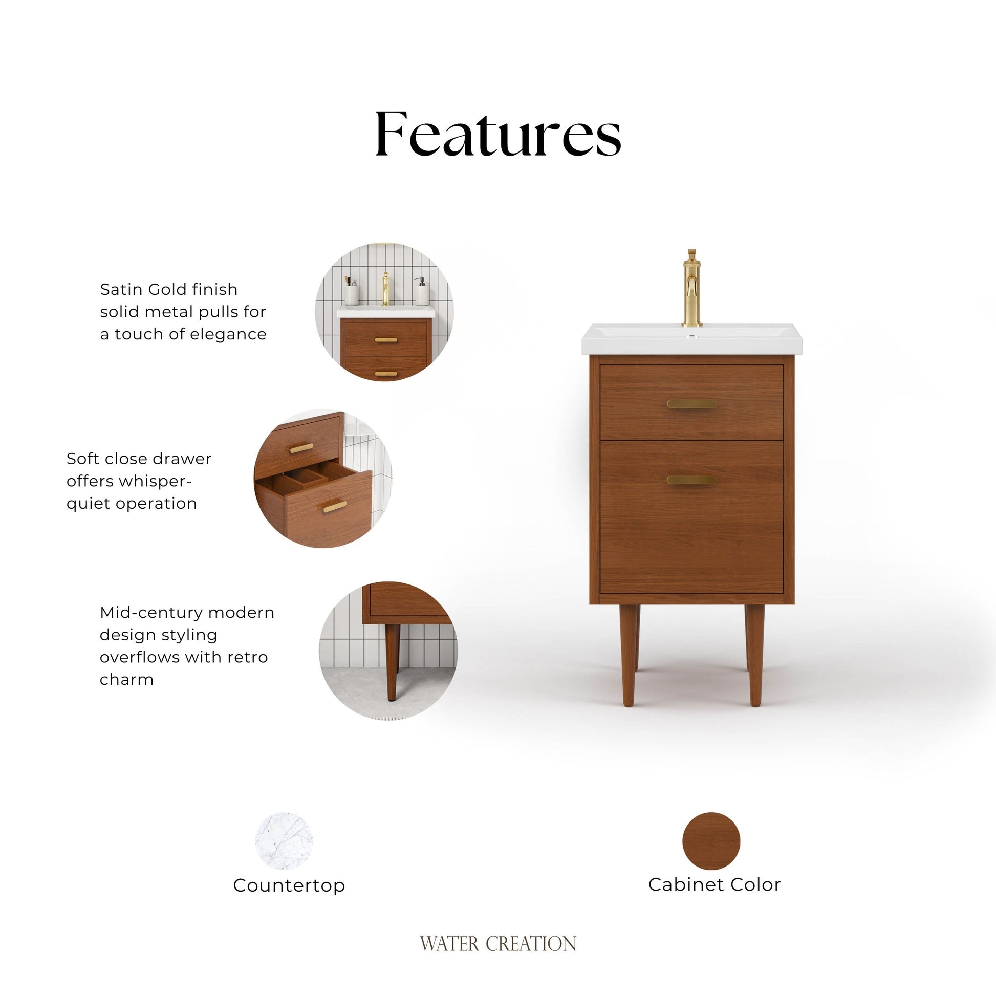 Brandy 20 in. Bath Vanity in Honey Walnut with White Ceramic Top | Water Creation