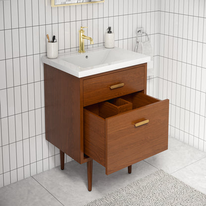Brandy 24 in. Bath Vanity in Honey Walnut with White Ceramic Top | Water Creation