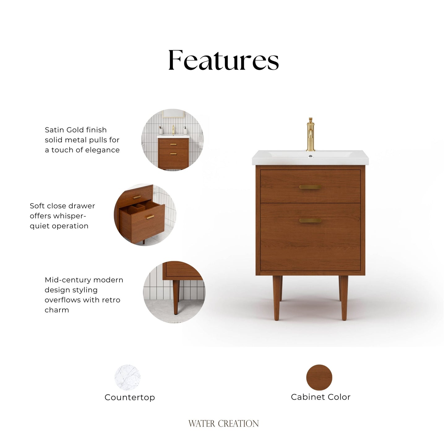 Brandy 24 in. Bath Vanity in Honey Walnut with White Ceramic Top | Water Creation