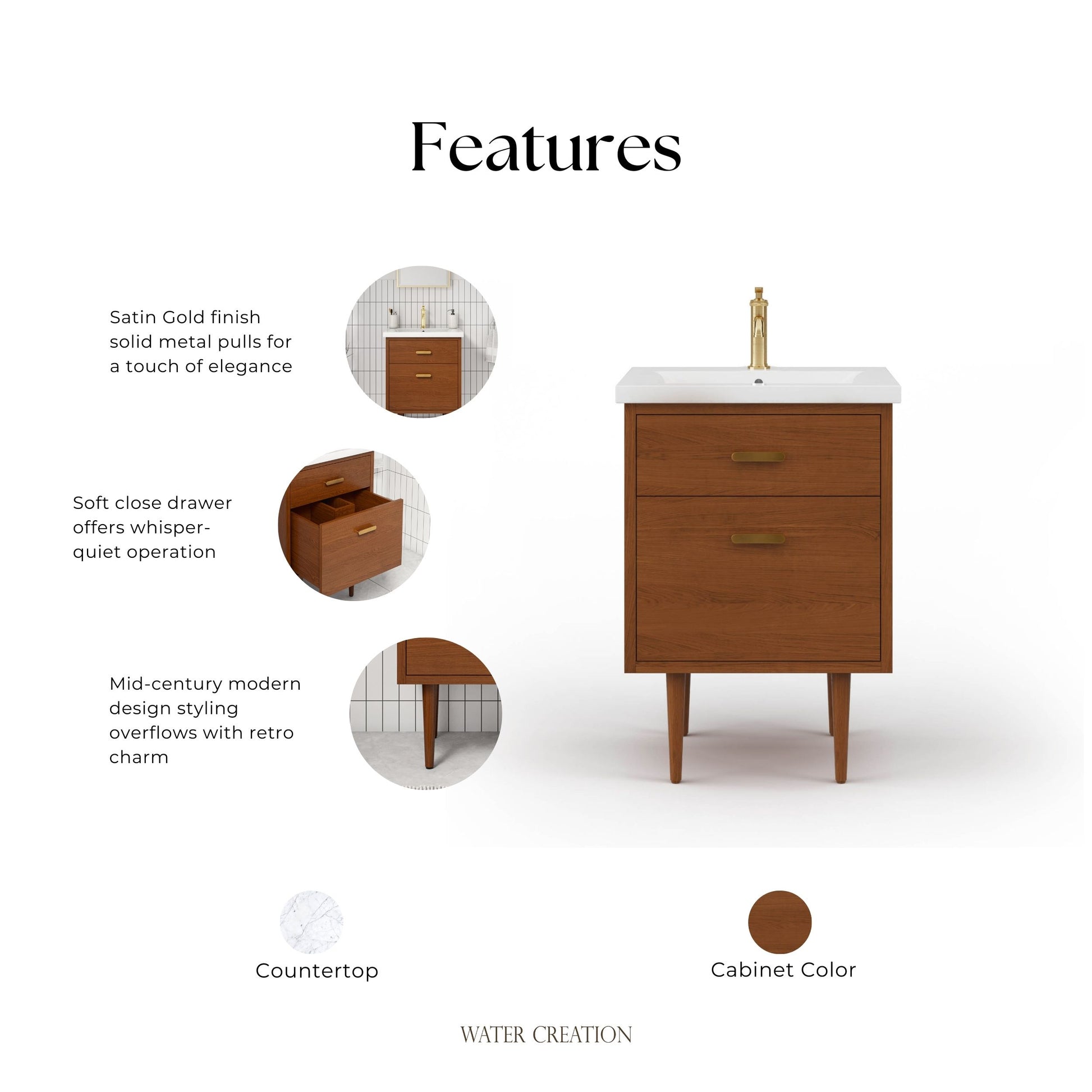 Brandy 24 in. Bath Vanity in Honey Walnut with White Ceramic Top | Water Creation