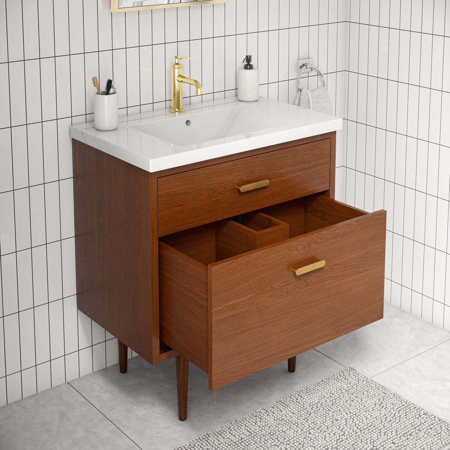 Brandy 30 in. Bath Vanity in Honey Walnut with White Ceramic Top | Water Creation