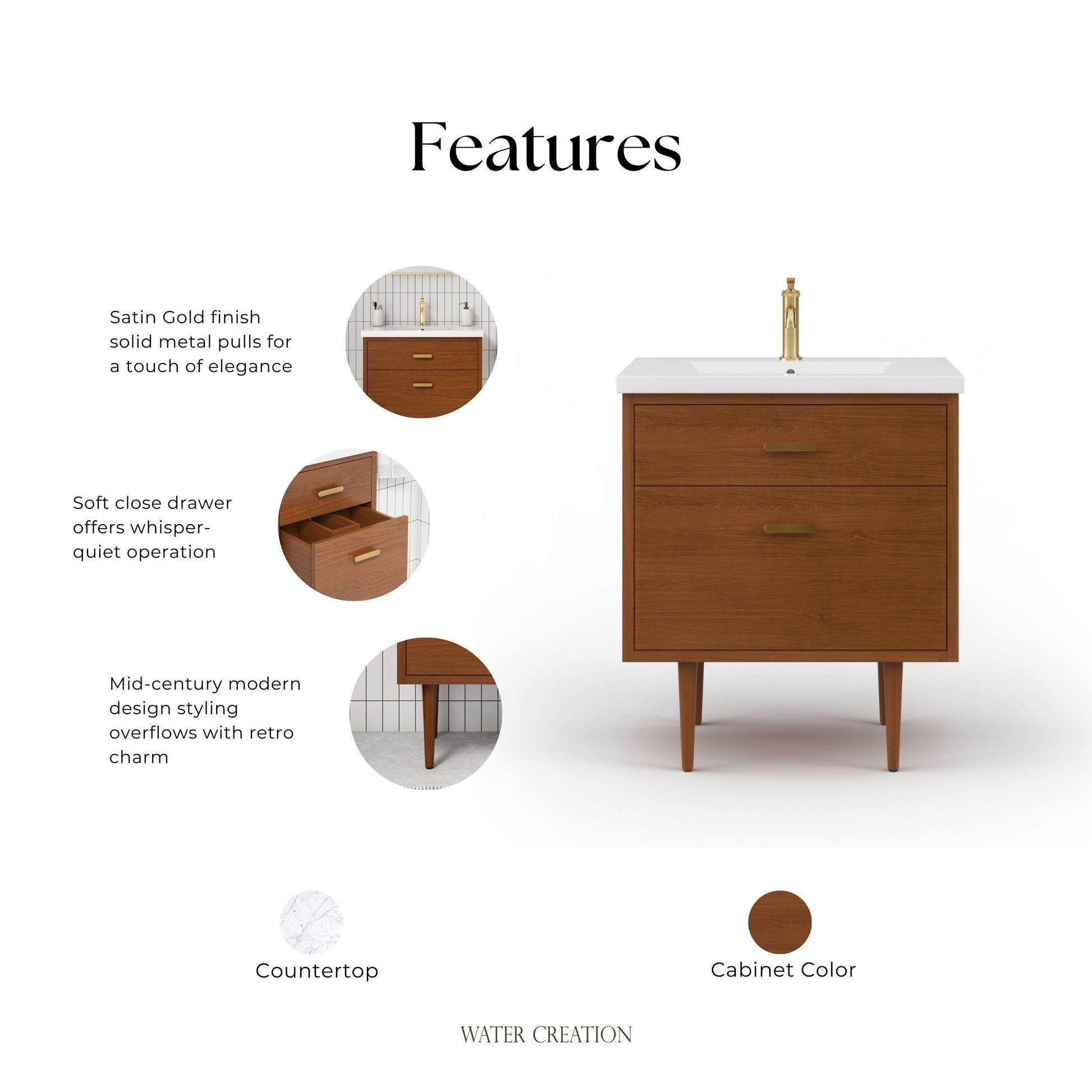 Brandy 30 in. Bath Vanity in Honey Walnut with White Ceramic Top | Water Creation