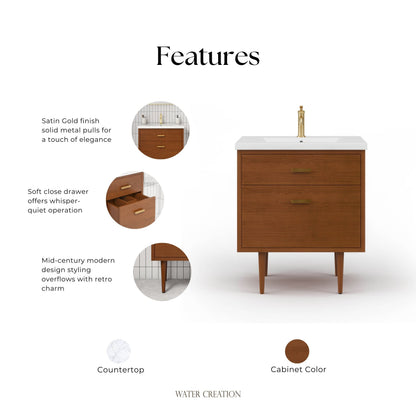 Brandy 30 in. Bath Vanity in Honey Walnut with White Ceramic Top | Water Creation