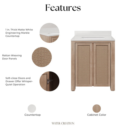 Belmont 30 in. Single Sink Free Standing Toffee Latte Bath Vanity with White Engineered Marble Top Assembled | Water Creation