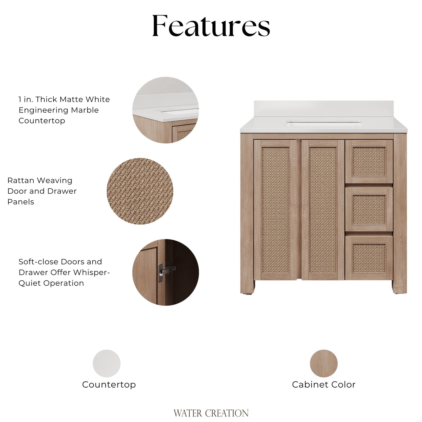 Belmont 36 in. Single Sink Free Standing Toffee Latte Bath Vanity with White Engineered Marble Top Assembled | Water Creation