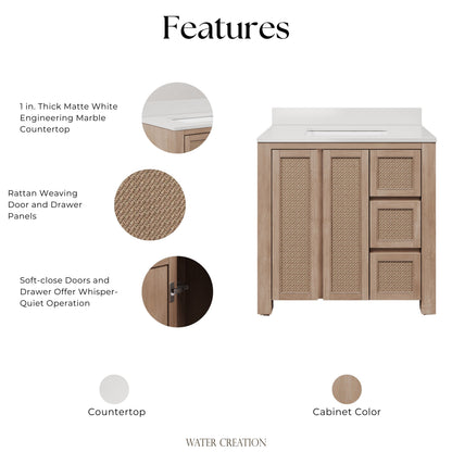 Belmont 36 in. Single Sink Free Standing Toffee Latte Bath Vanity with White Engineered Marble Top Assembled | Water Creation