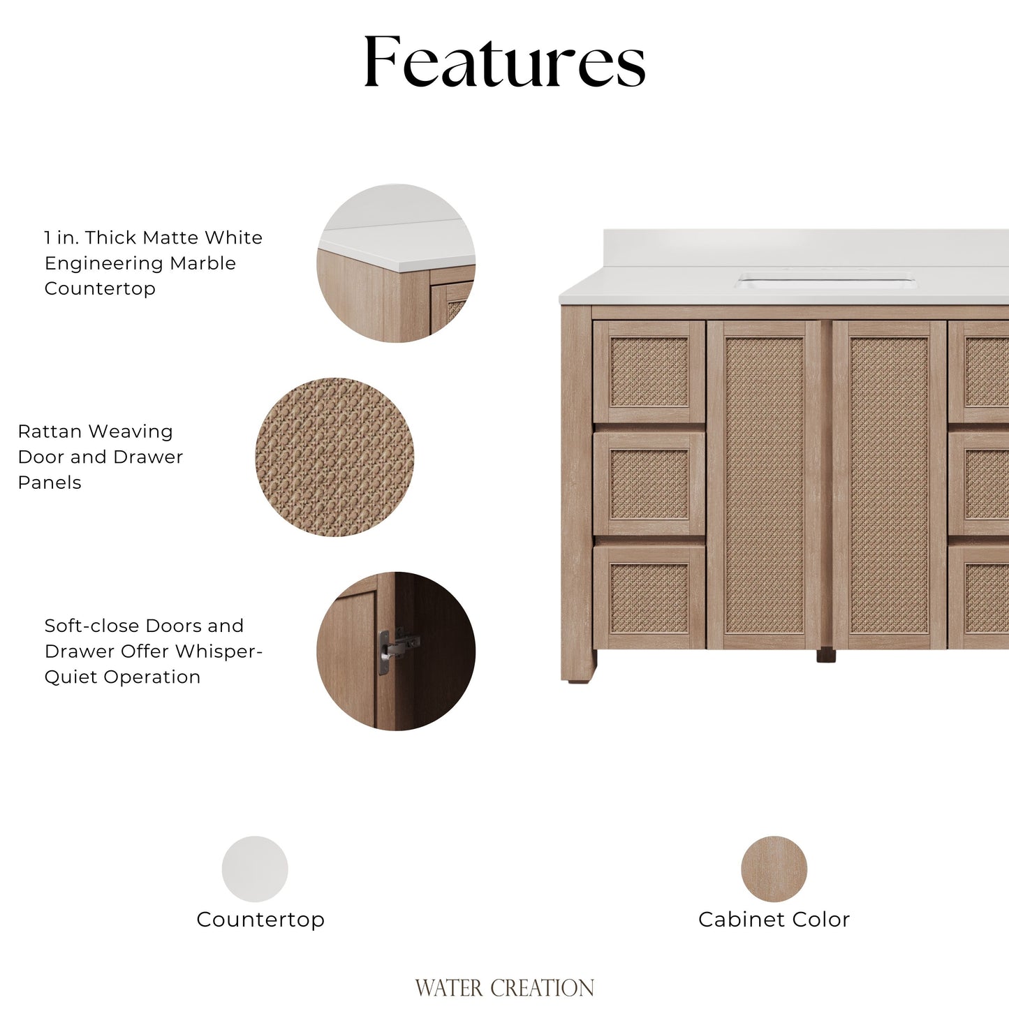 Belmont 48 in. Single Sink Free Standing Toffee Latte Bath Vanity with White Engineered Marble Top Assembled | Water Creation