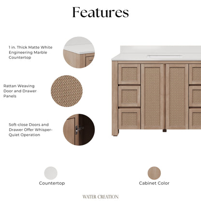 Belmont 48 in. Single Sink Free Standing Toffee Latte Bath Vanity with White Engineered Marble Top Assembled | Water Creation