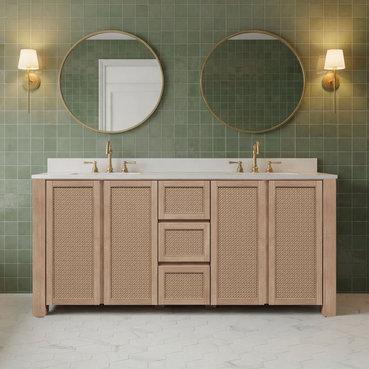 Belmont 72 in. Double Sinks Free Standing Toffee Latte Bath Vanity with White Engineered Marble Top Assembled | Water Creation