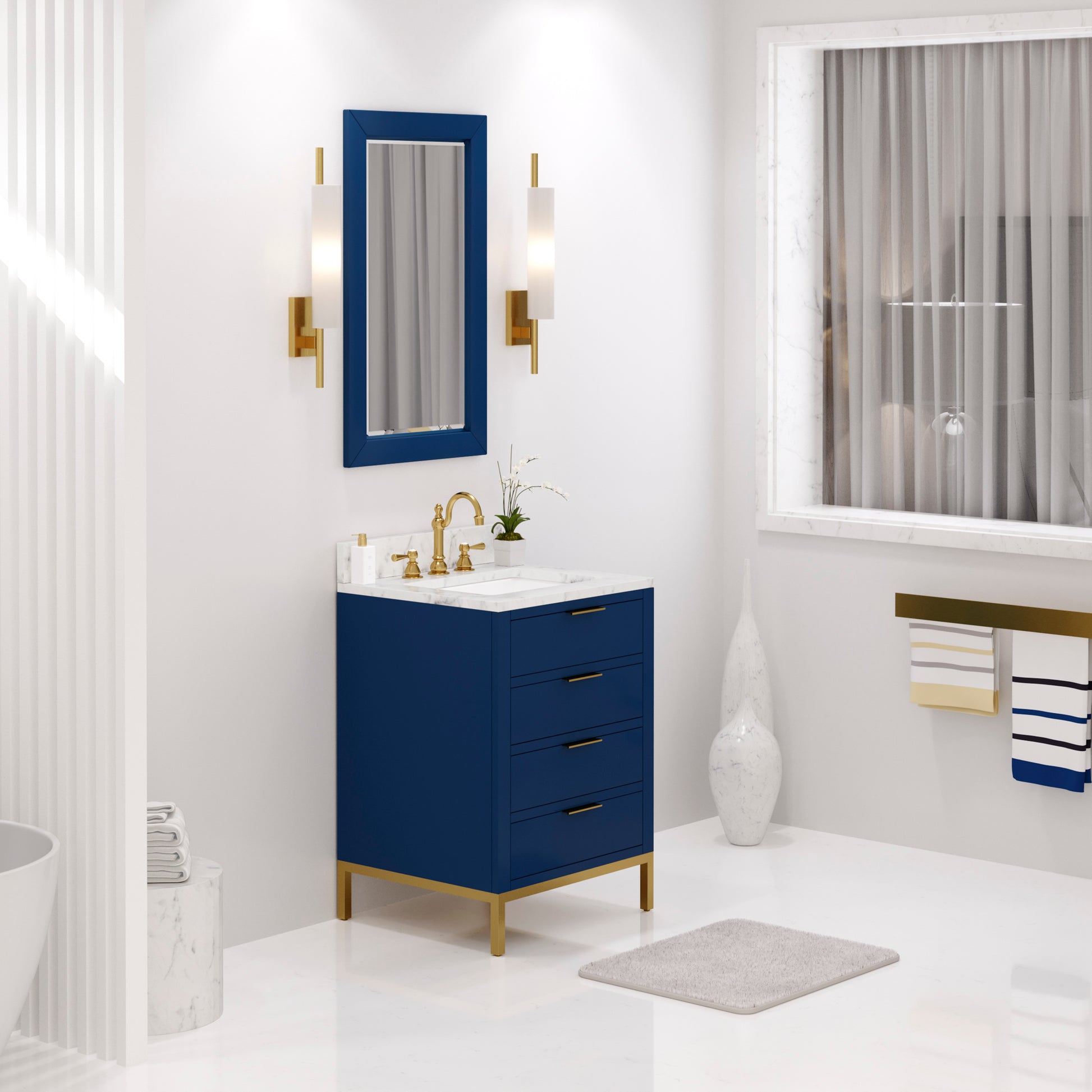 Bristol 24 in. W x 21.5 in. D Vanity in Monarch Blue with Marble Top in White with White Basin | Water Creation