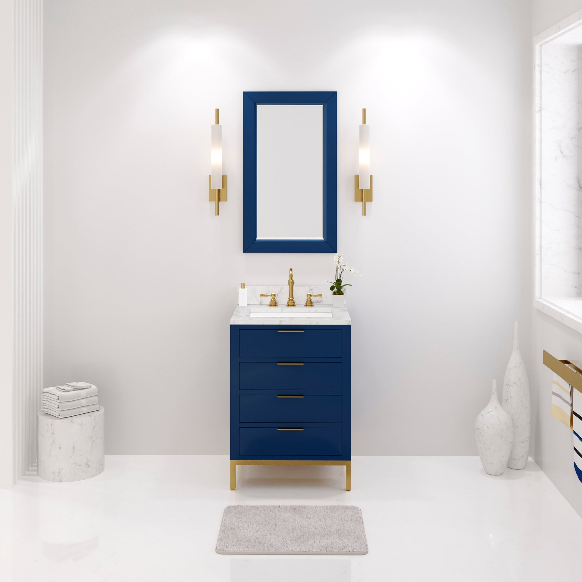 Bristol 24 in. W x 21.5 in. D Vanity in Monarch Blue with Marble Top in White with White Basin | Water Creation