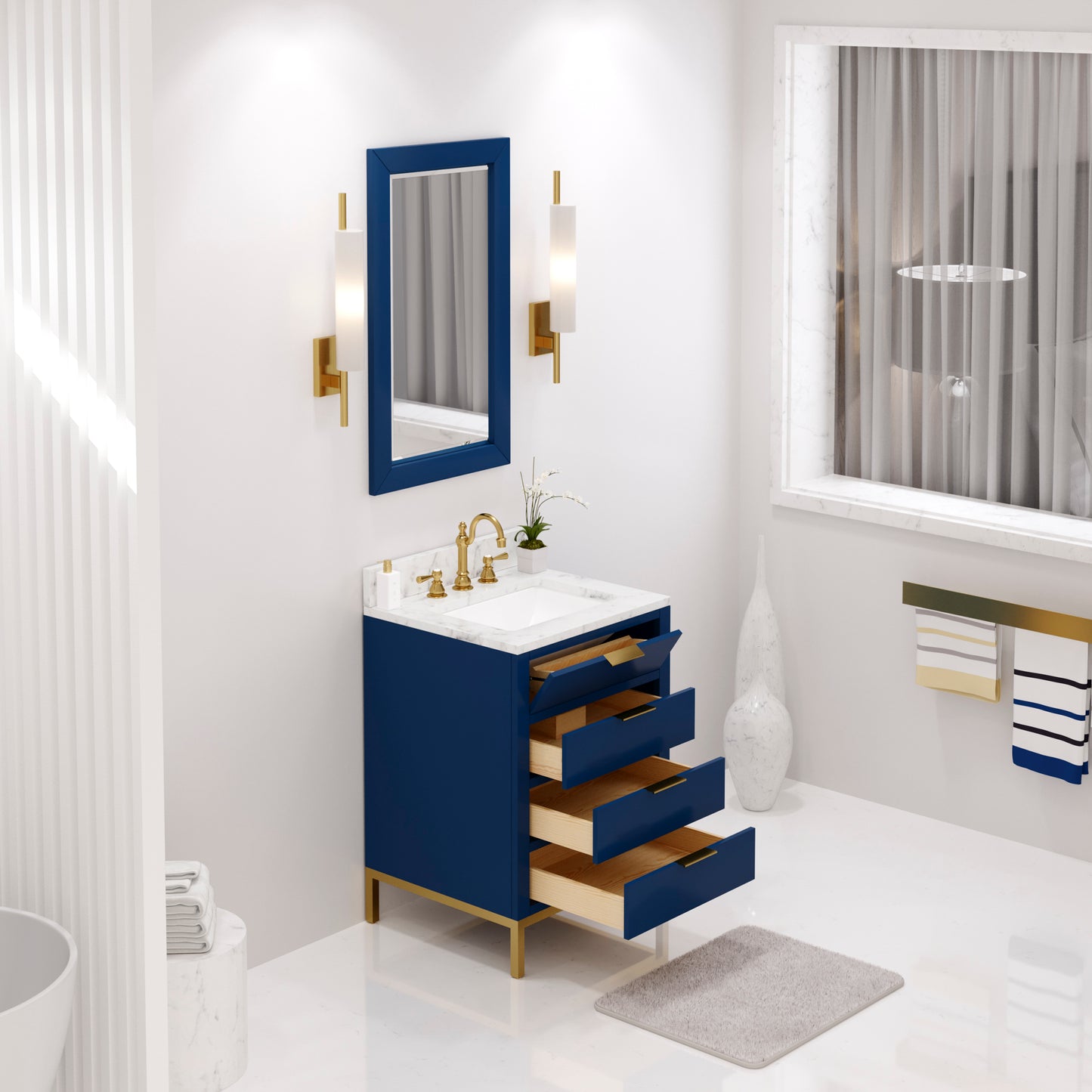 Bristol 24 in. W x 21.5 in. D Vanity in Monarch Blue with Marble Top in White with White Basin | Water Creation