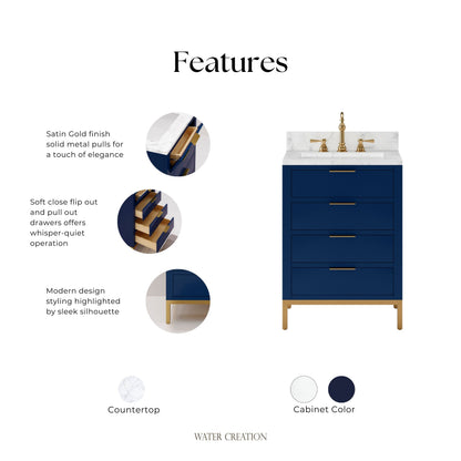 Bristol 24 in. W x 21.5 in. D Vanity in Monarch Blue with Marble Top in White with White Basin | Water Creation