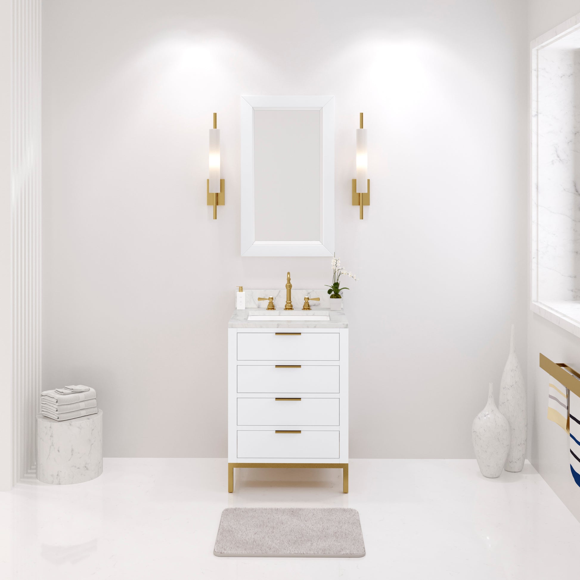Bristol 24 in. W x 21.5 in. D Vanity in Pure White with Marble Top in White with White Basin | Water Creation
