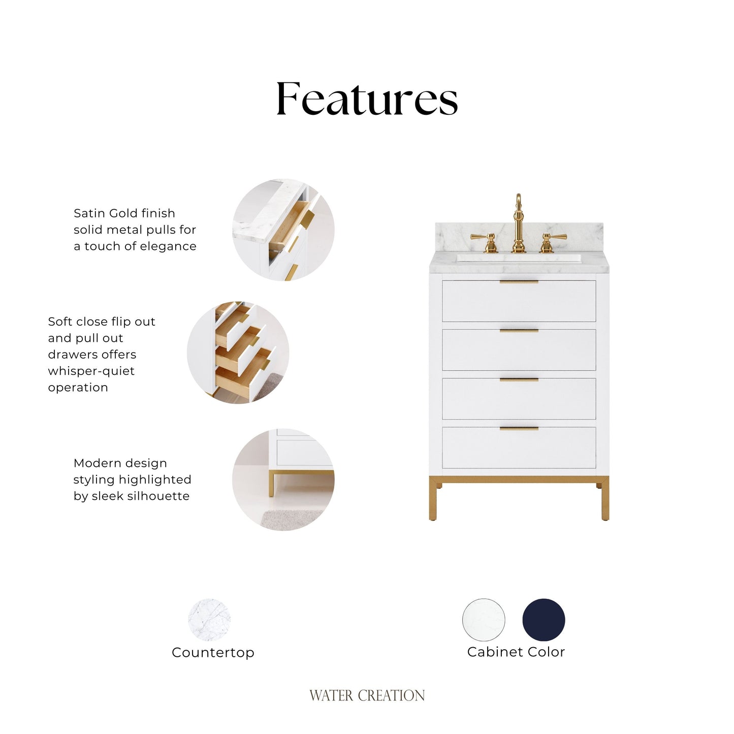 Bristol 24 in. W x 21.5 in. D Vanity in Pure White with Marble Top in White with White Basin | Water Creation