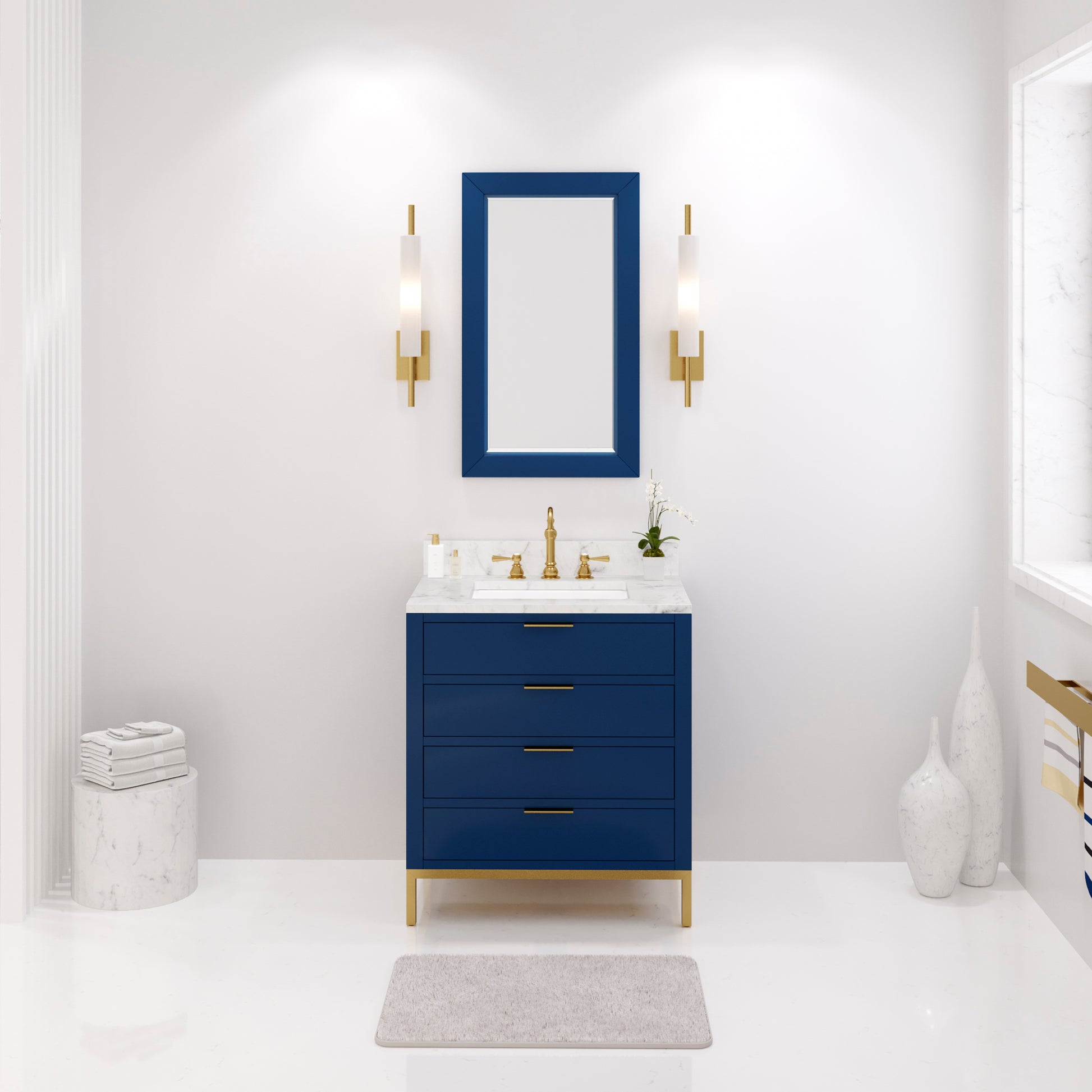 Bristol 30 in. W x 21.5 in. D Vanity in Monarch Blue with Marble Top in White with White Basin | Water Creation