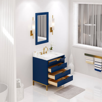 Bristol 30 in. W x 21.5 in. D Vanity in Monarch Blue with Marble Top in White with White Basin | Water Creation
