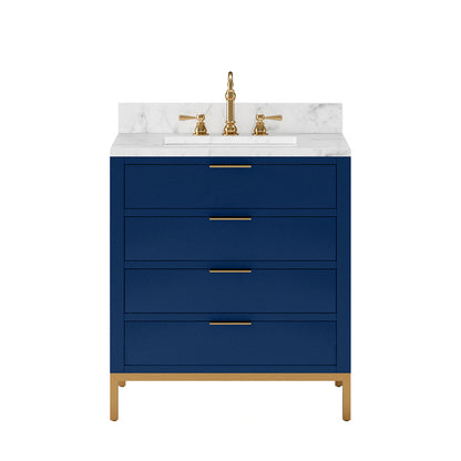 Bristol 30 in. W x 21.5 in. D Vanity in Monarch Blue with Marble Top in White with White Basin | Water Creation