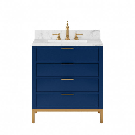 Bristol 30 in. W x 21.5 in. D Vanity in Monarch Blue with Marble Top in White with White Basin | Water Creation