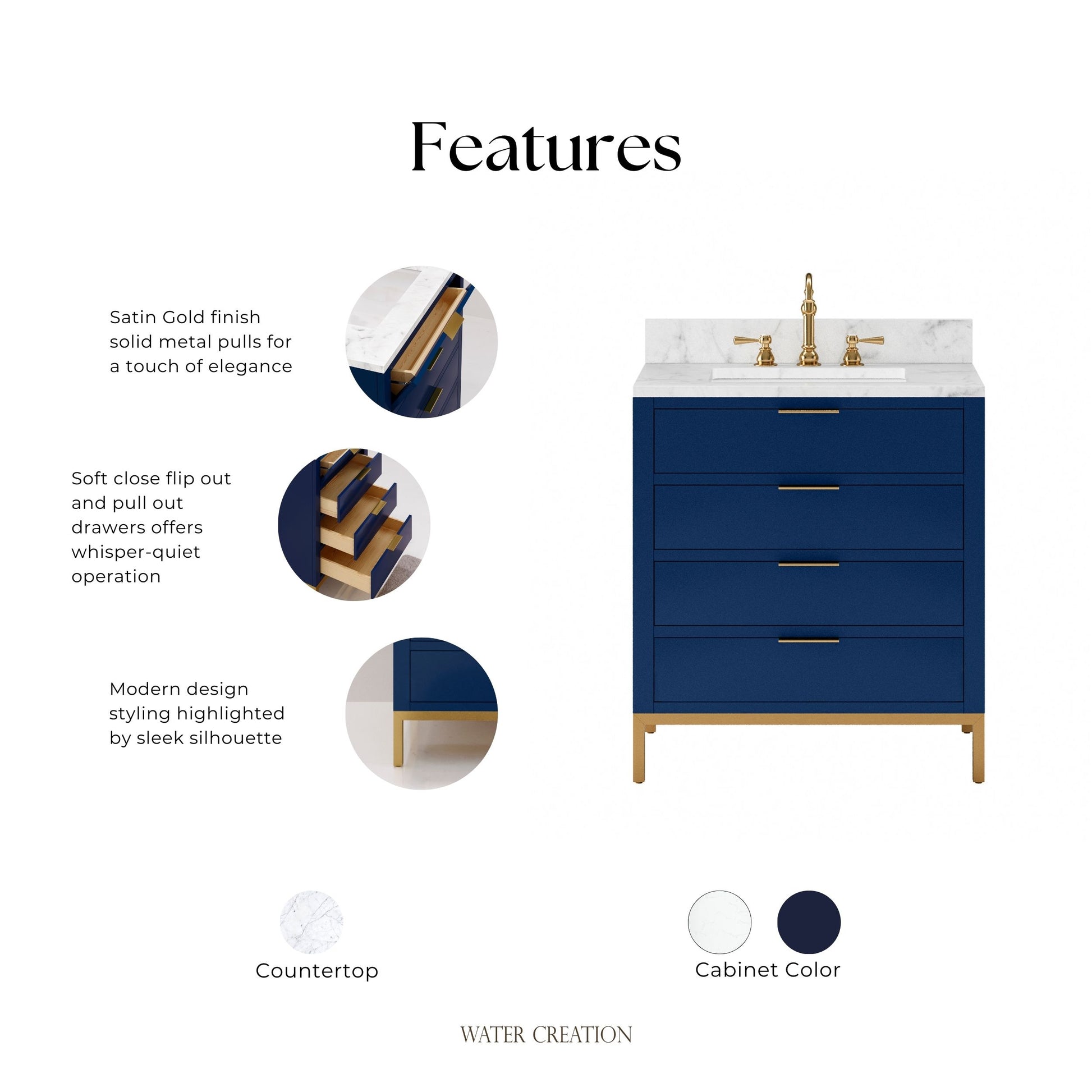 Bristol 30 in. W x 21.5 in. D Vanity in Monarch Blue with Marble Top in White with White Basin | Water Creation