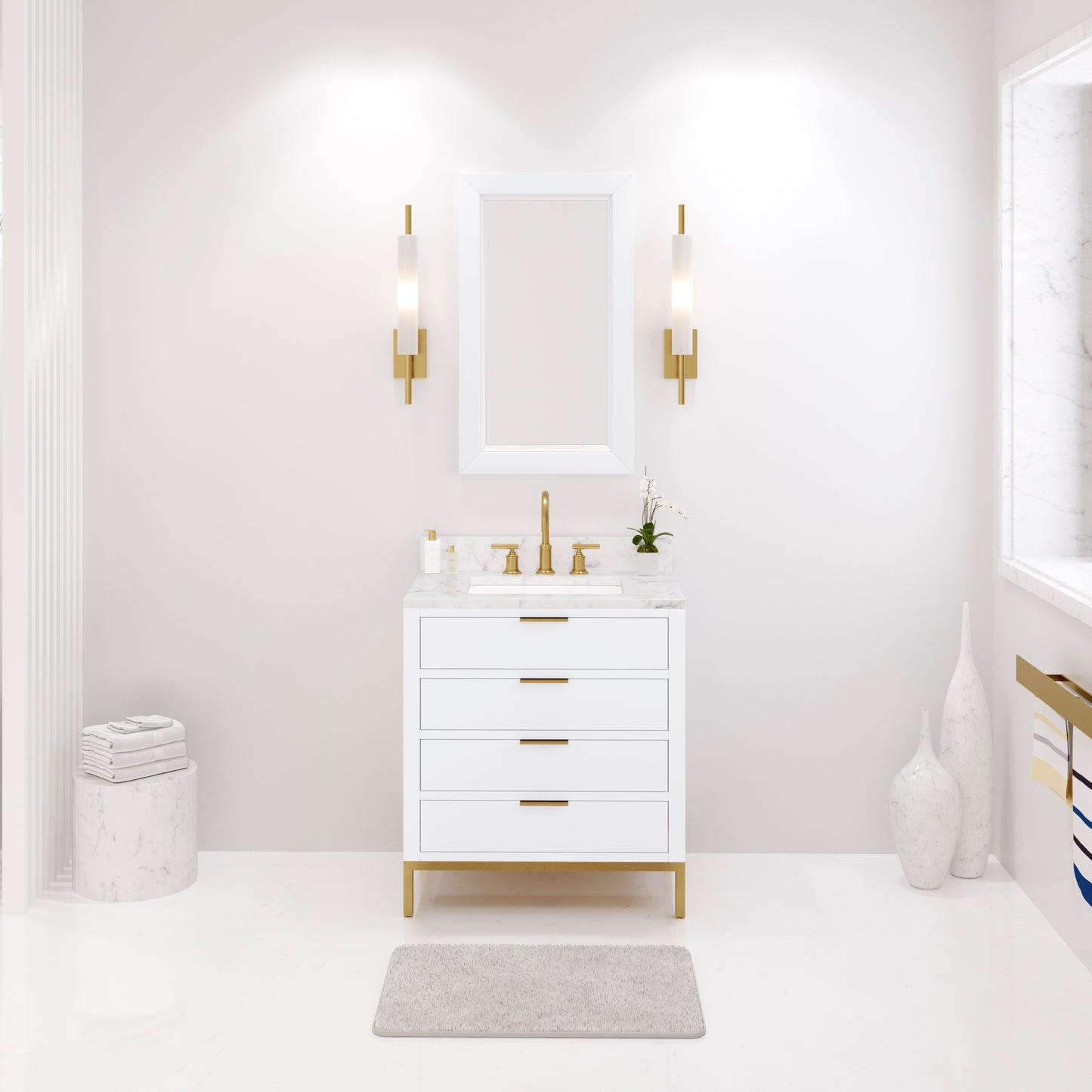 Bristol 30 in. W x 21.5 in. D Vanity in Pure White with Marble Top in White with White Basin | Water Creation