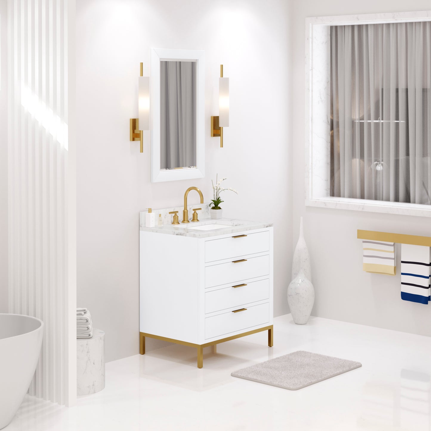 Bristol 30 in. W x 21.5 in. D Vanity in Pure White with Marble Top in White with White Basin | Water Creation
