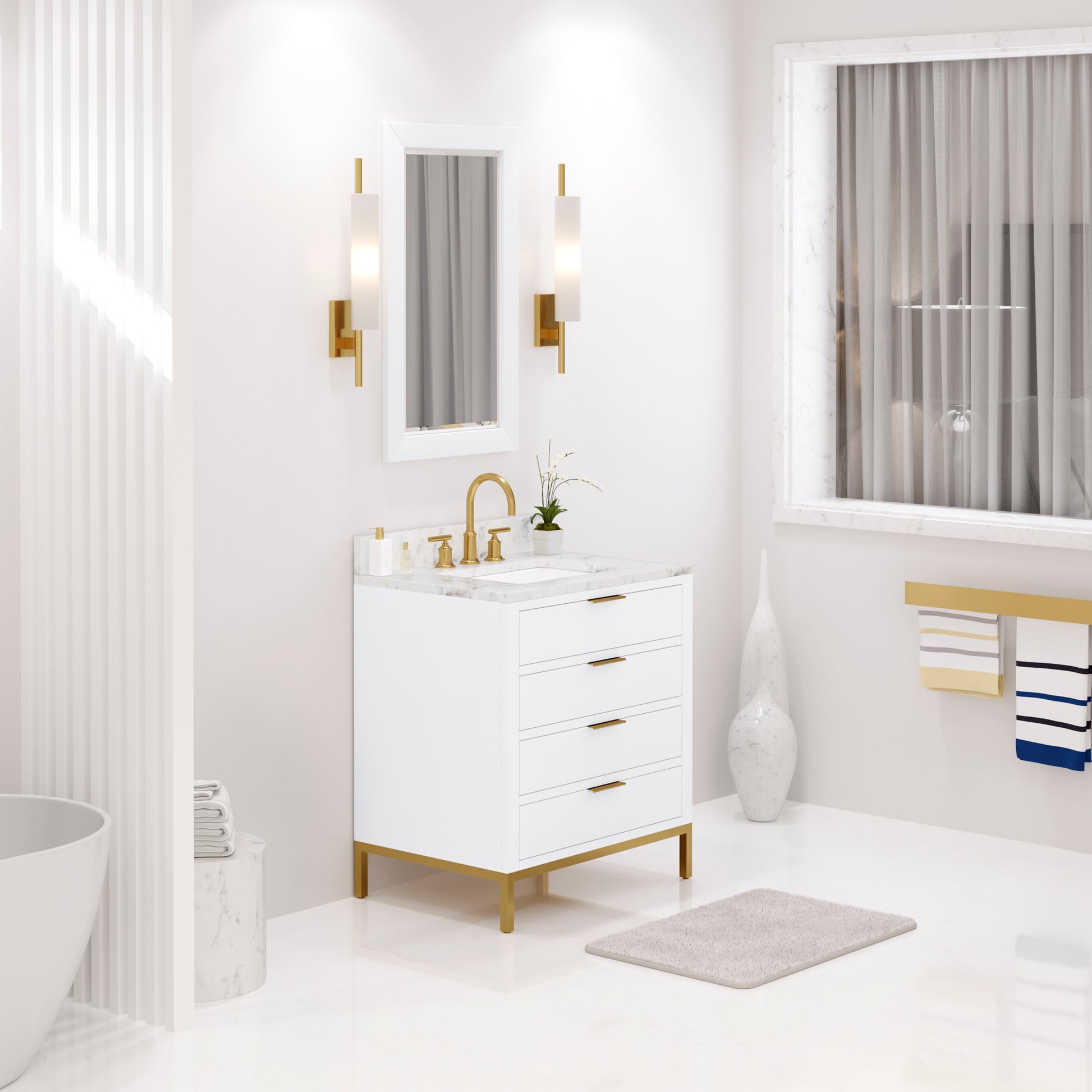 Bristol 30 in. W x 21.5 in. D Vanity in Pure White with Marble Top in White with White Basin | Water Creation