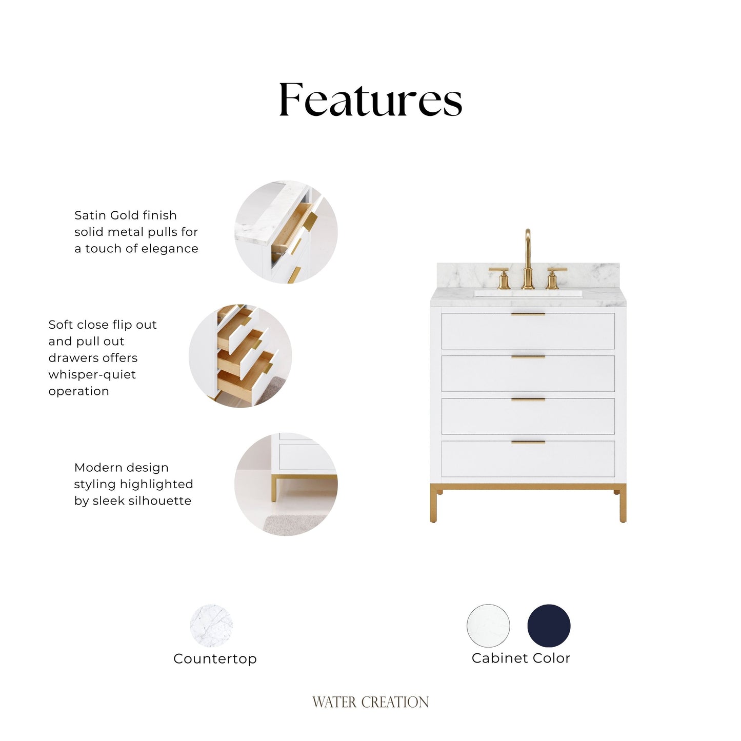 Bristol 30 in. W x 21.5 in. D Vanity in Pure White with Marble Top in White with White Basin | Water Creation
