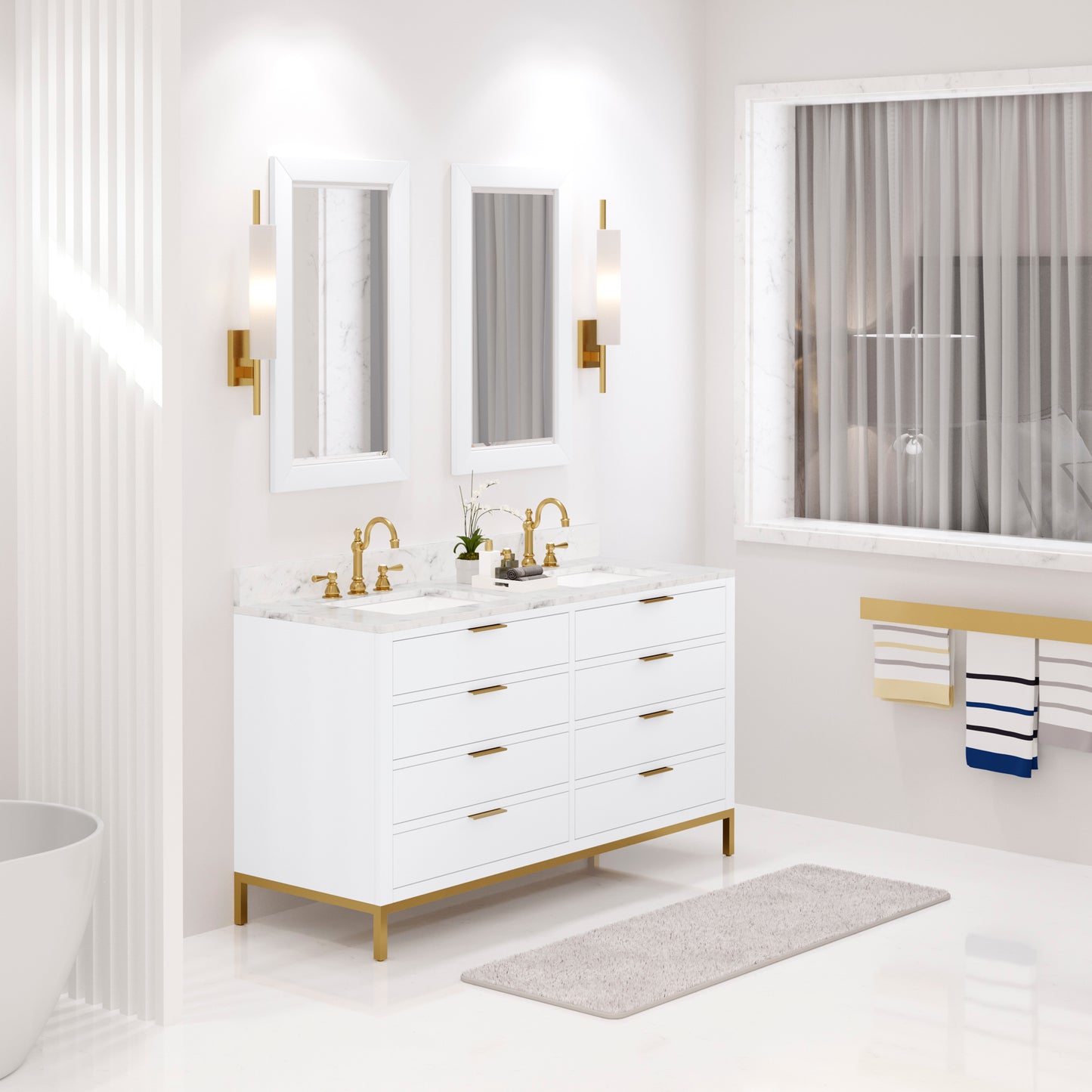 Bristol 60 in. W x 21.5 in. D Vanity in Pure White with Marble Top in White with White Basin | Water Creation
