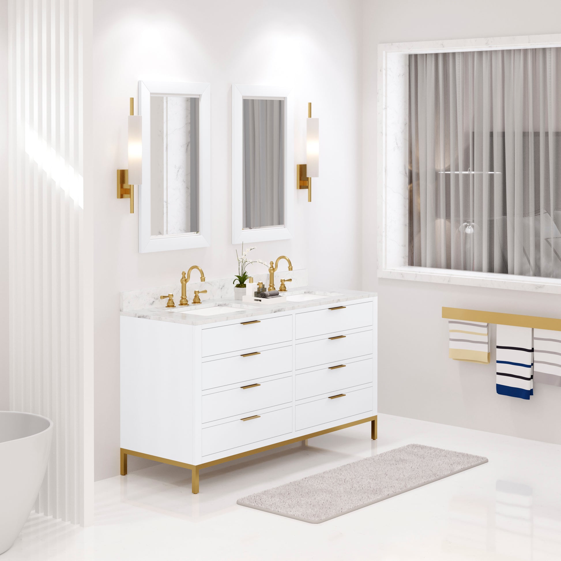 Bristol 60 in. W x 21.5 in. D Vanity in Pure White with Marble Top in White with White Basin | Water Creation