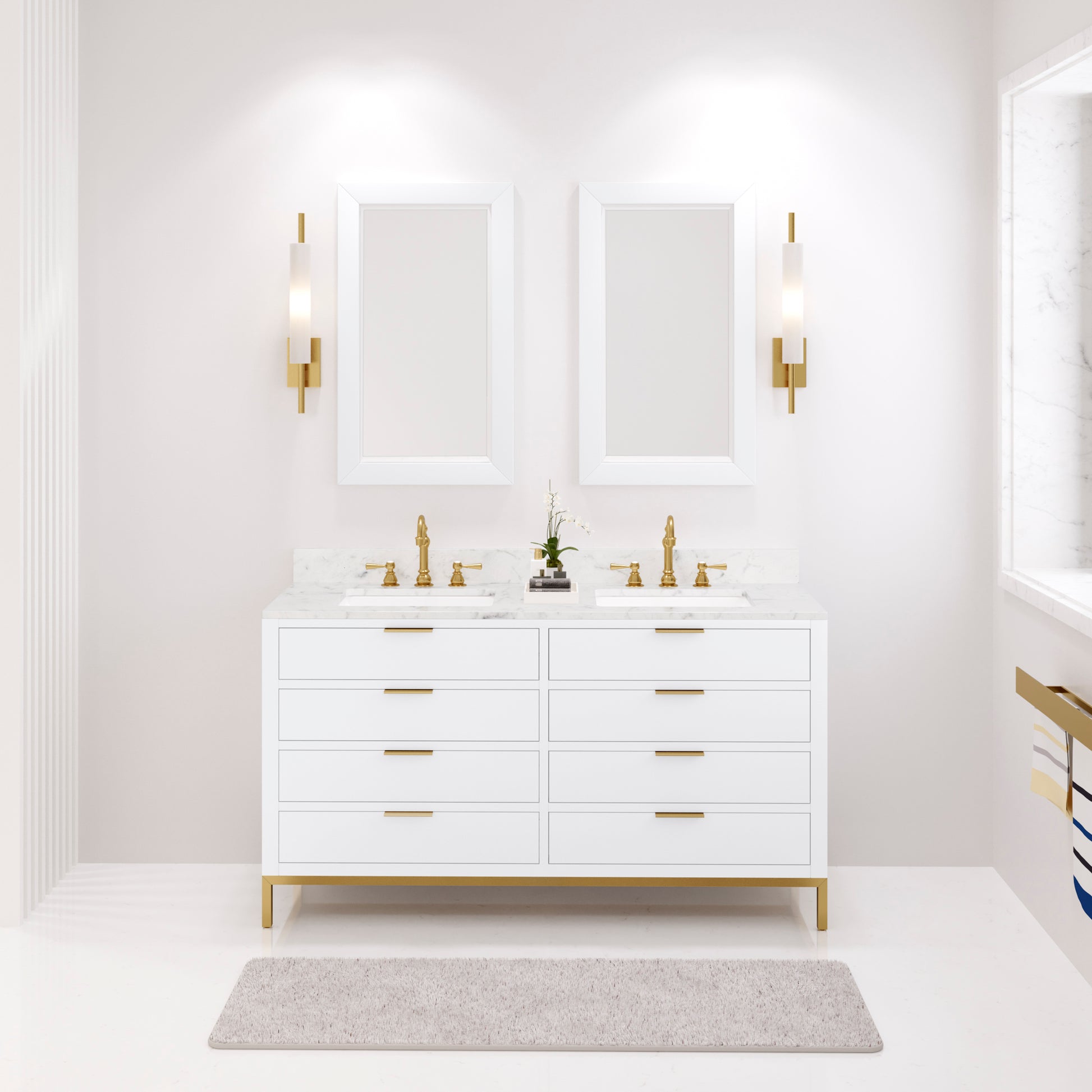 Bristol 60 in. W x 21.5 in. D Vanity in Pure White with Marble Top in White with White Basin | Water Creation