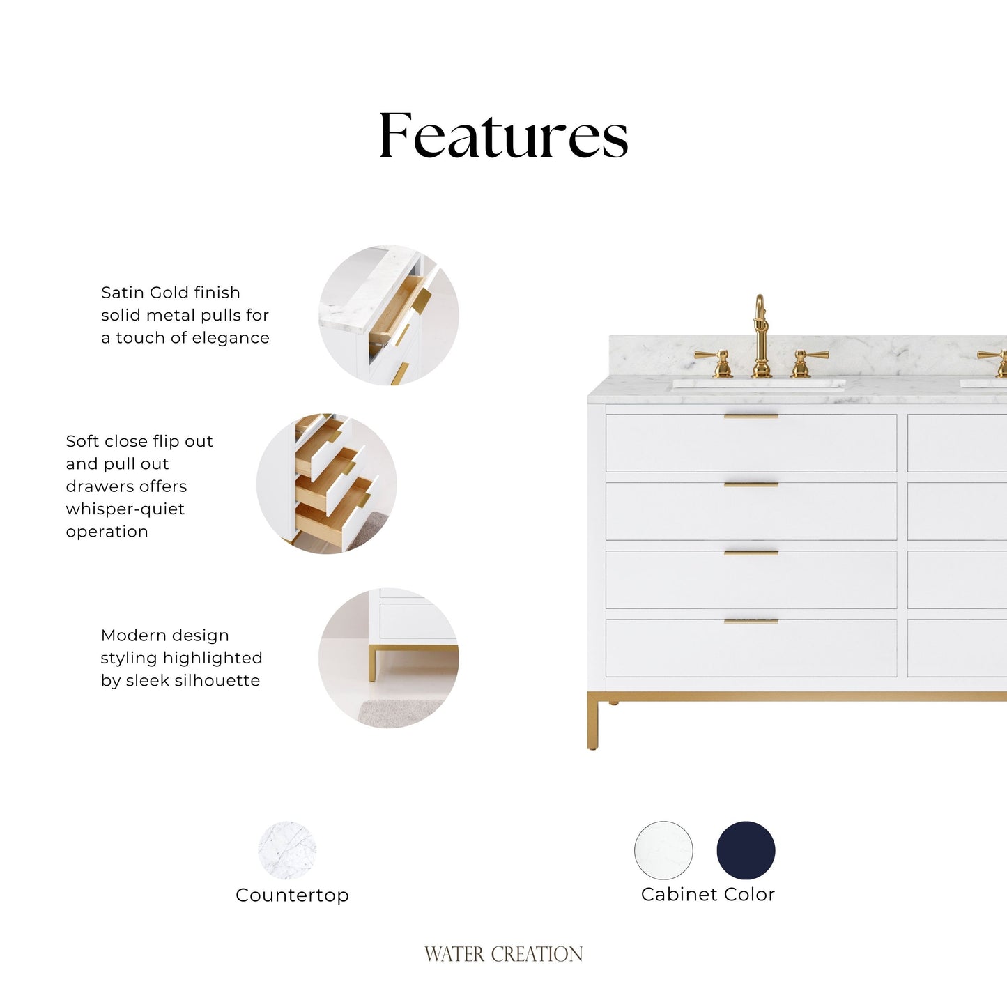 Bristol 60 in. W x 21.5 in. D Vanity in Pure White with Marble Top in White with White Basin | Water Creation