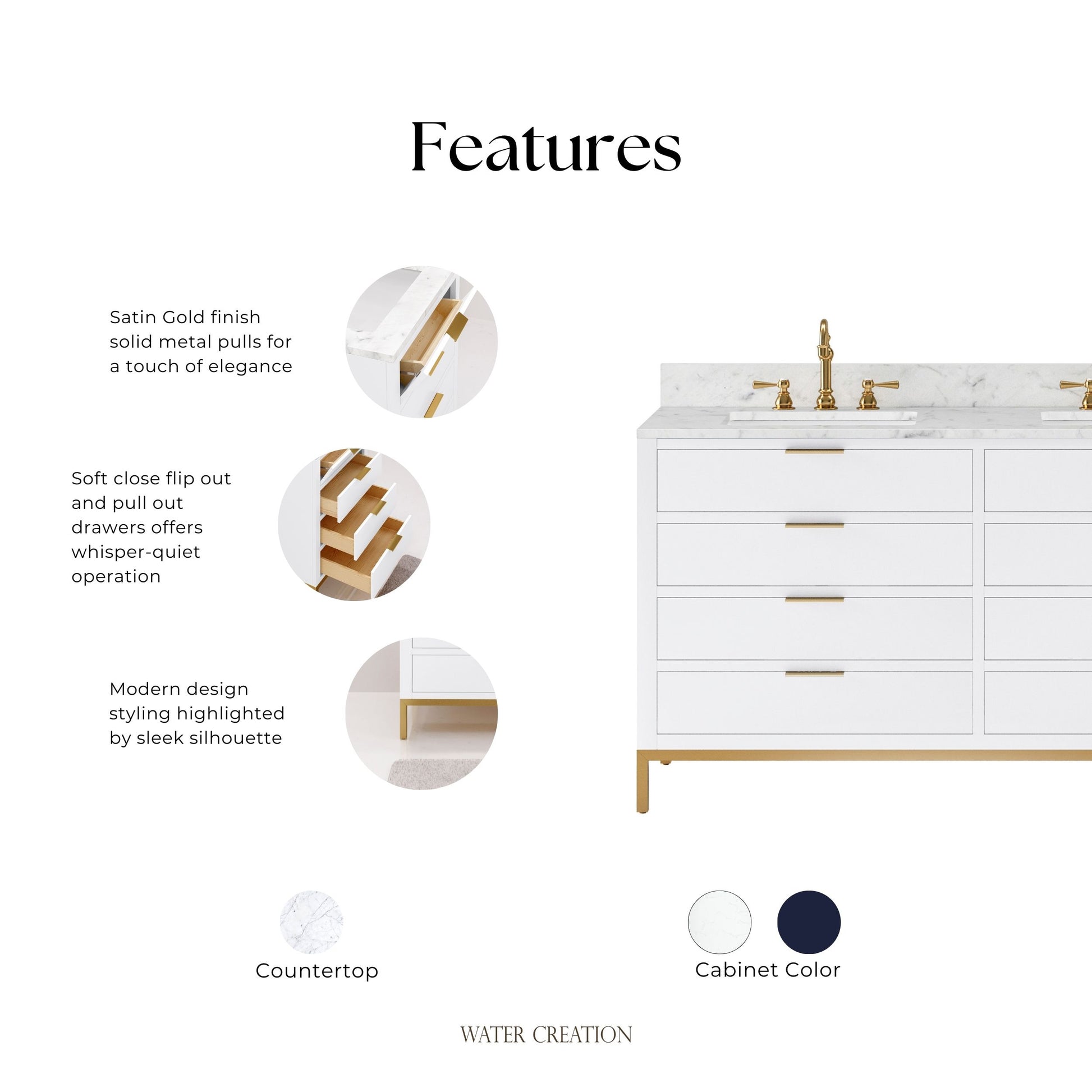 Bristol 60 in. W x 21.5 in. D Vanity in Pure White with Marble Top in White with White Basin | Water Creation